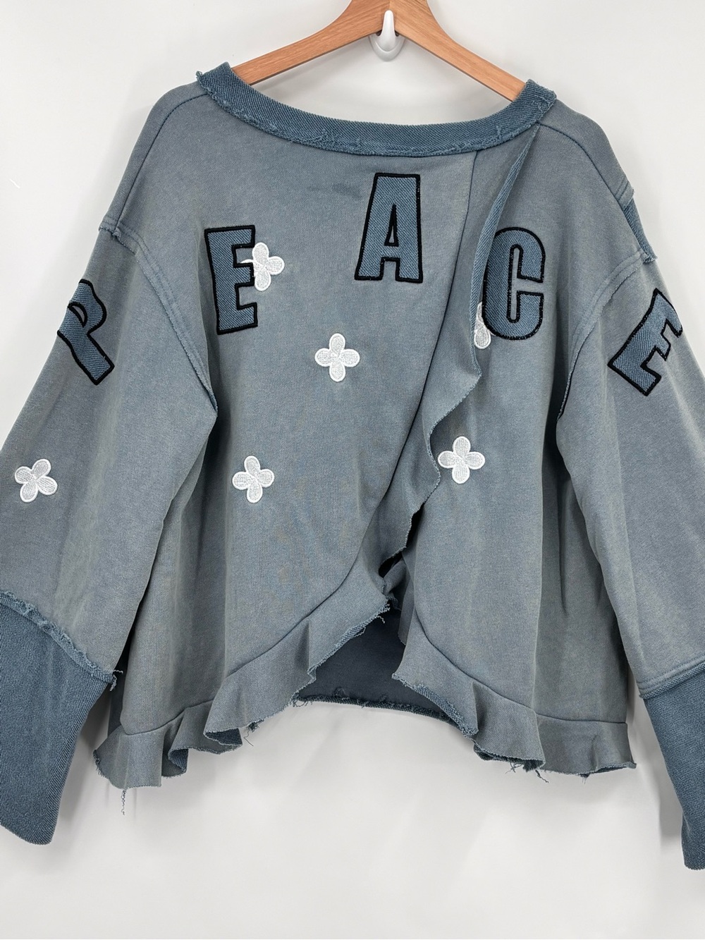 POL Peace boutique Blue Patchwork Embroidered V-Neck open Back  slouchy top Sm - Picture 2 of 8